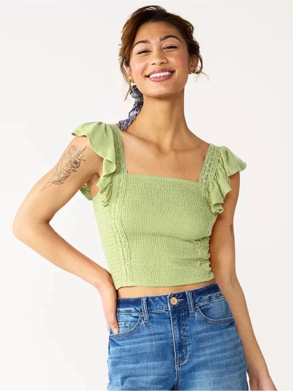 SO Light Green Smocked Ruffle Sleeve Crop Top small